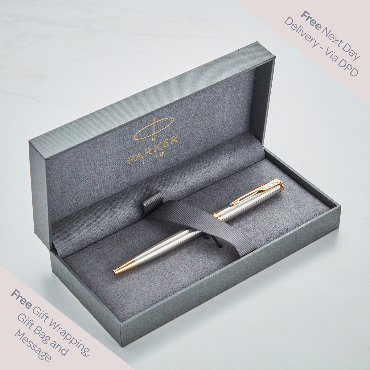 Personalised Parker Sonnet Stainless Steel Gold Trim Ballpoint Pen ...