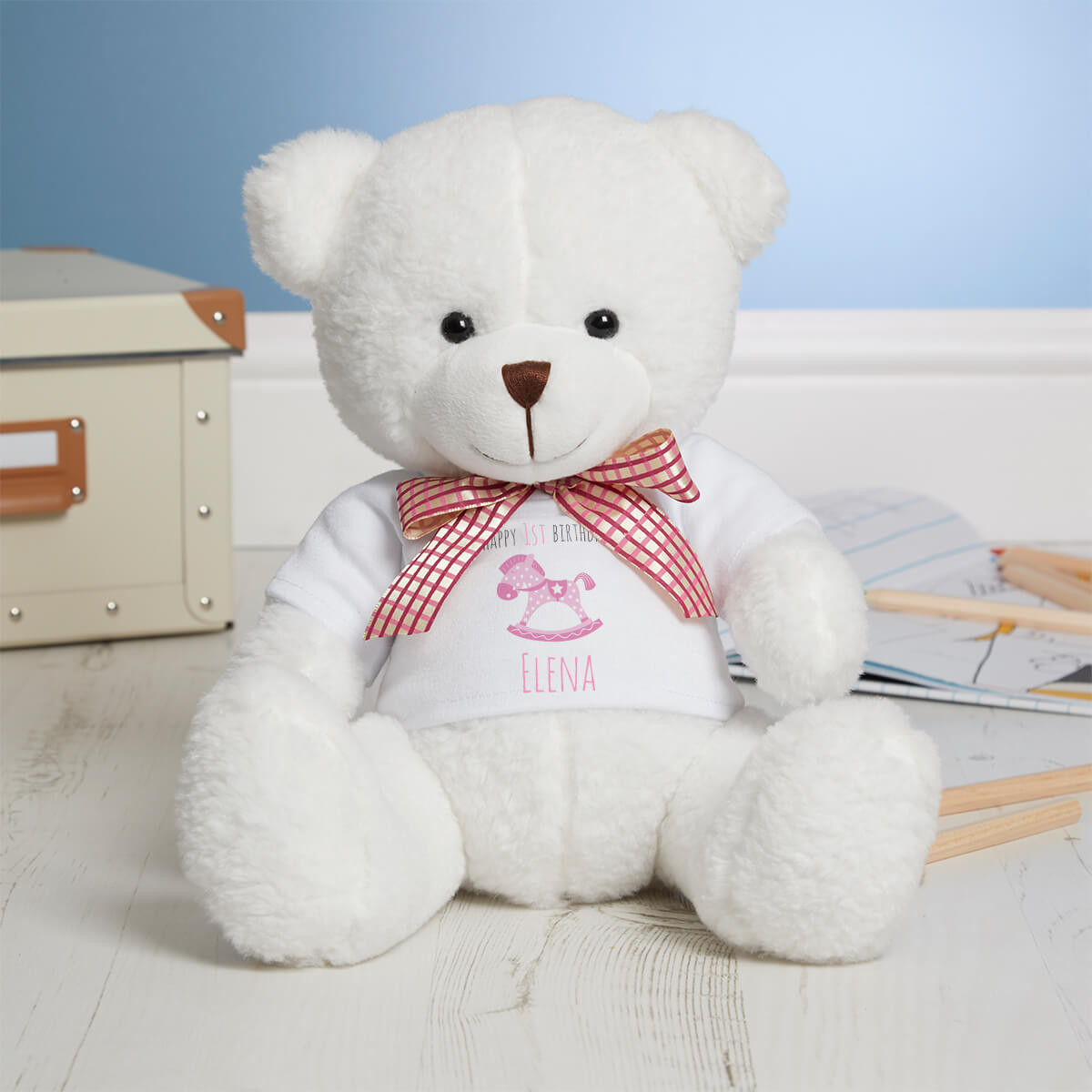 Personalised 1st Birthday Rocking Horse White Millie Bear