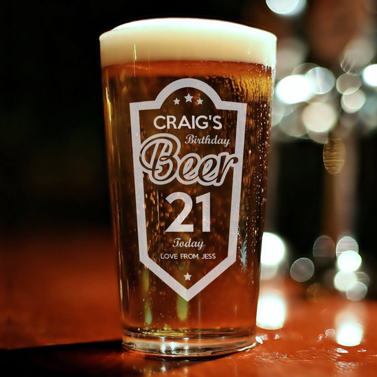 personalised Birthday Beer Shield Engraved Pint Glass