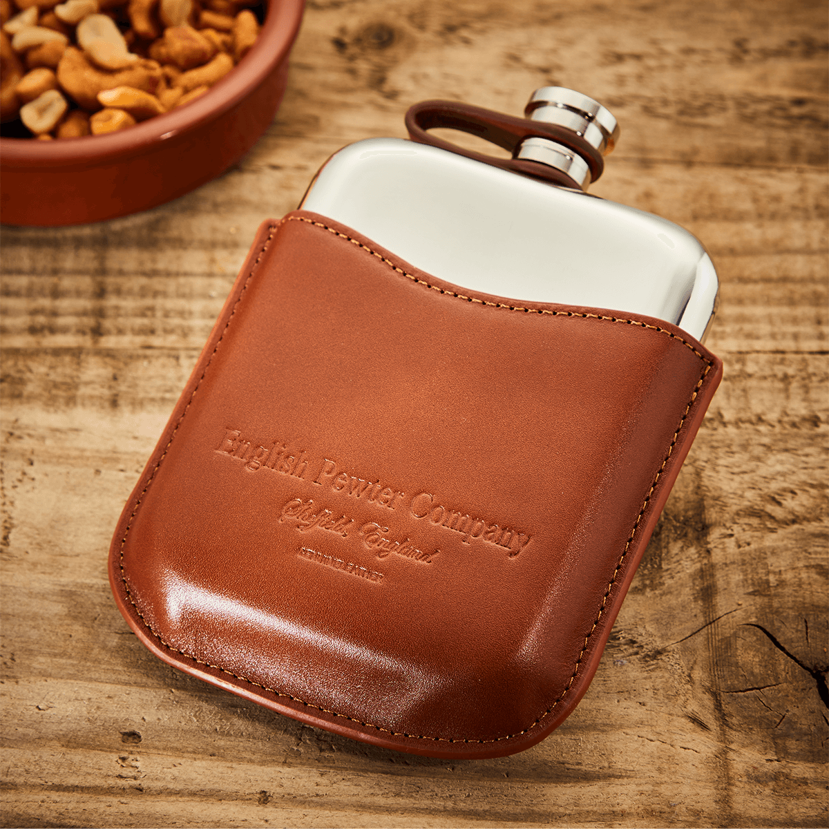 English Pewter 6oz Hip Flask & Tan Leather Pouch