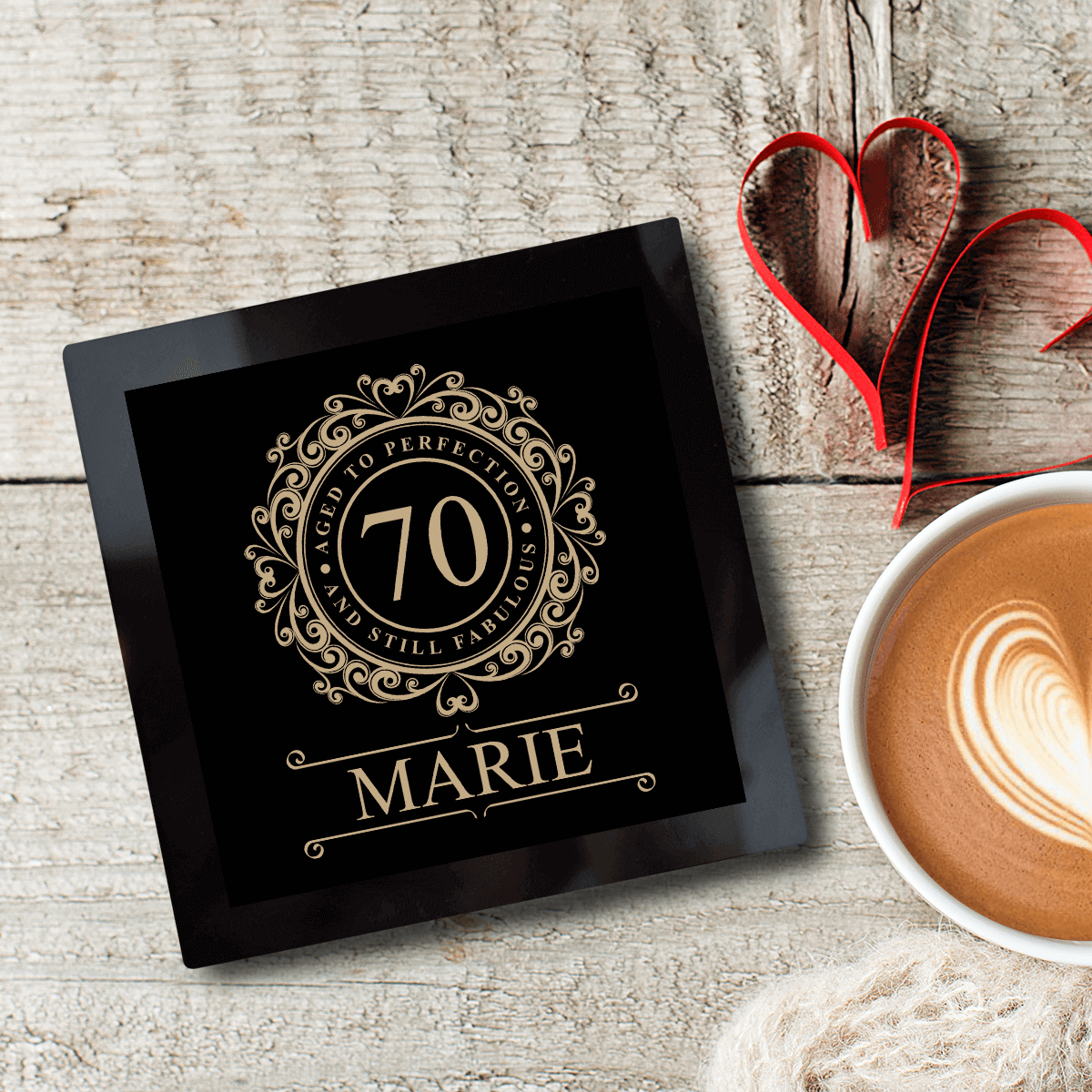 70 Aged to Perfection Black Glass Coaster
