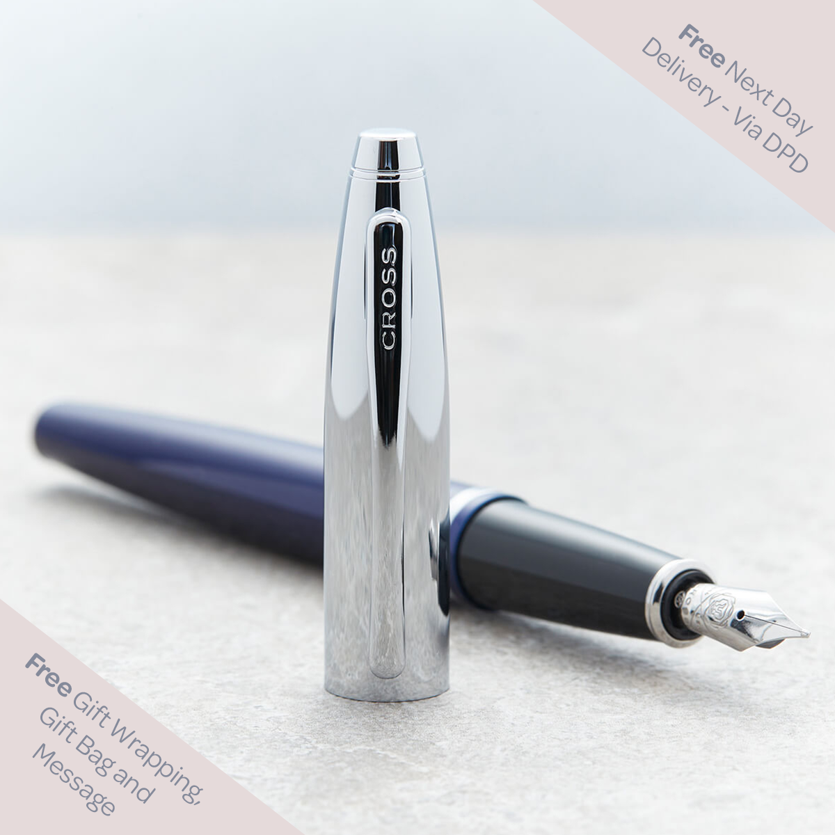 personalised Cross Calais Fountain Blue & Chrome Pen