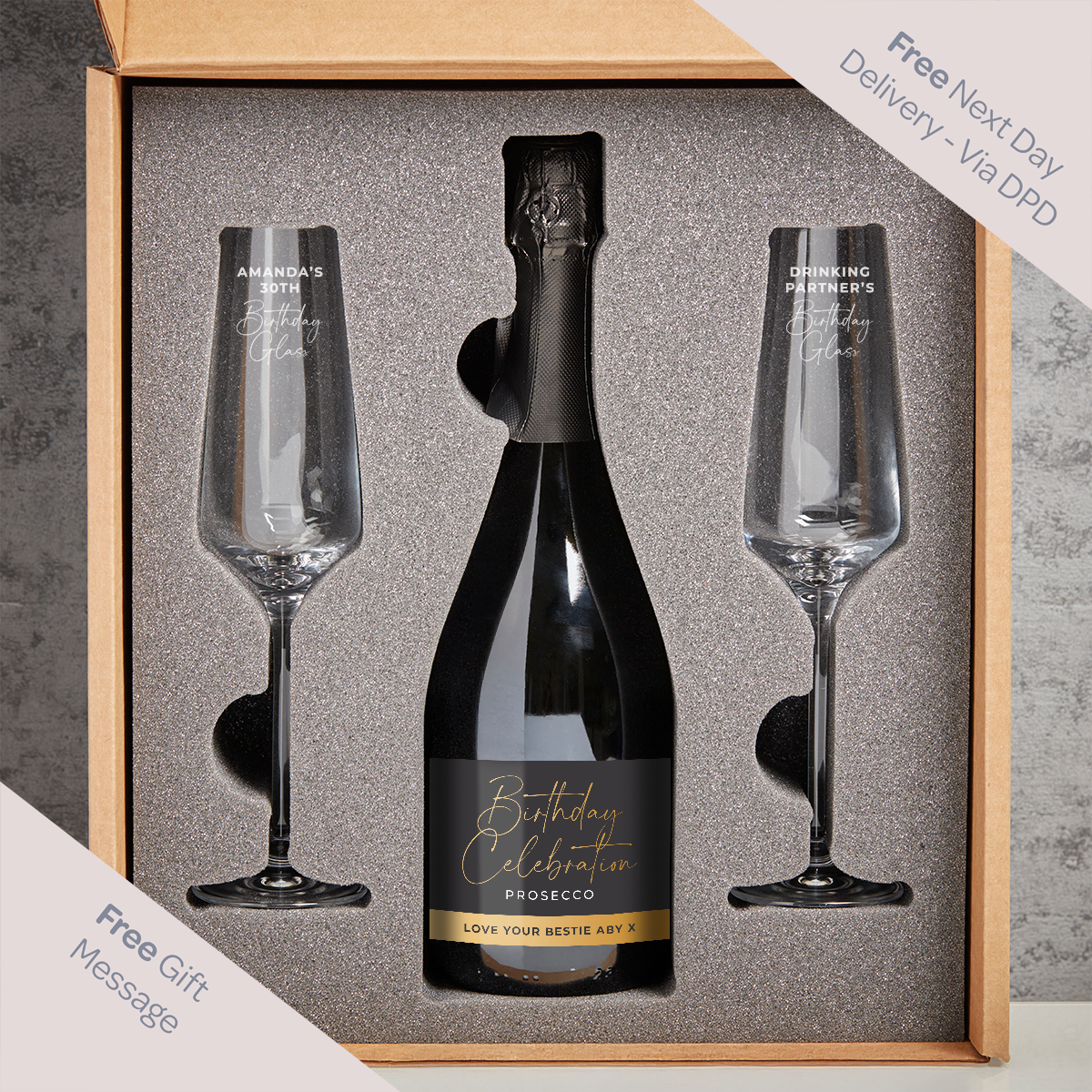 Birthday Celebration Boutique Gifts Prosecco Double Glass With Bottle Gift Set 