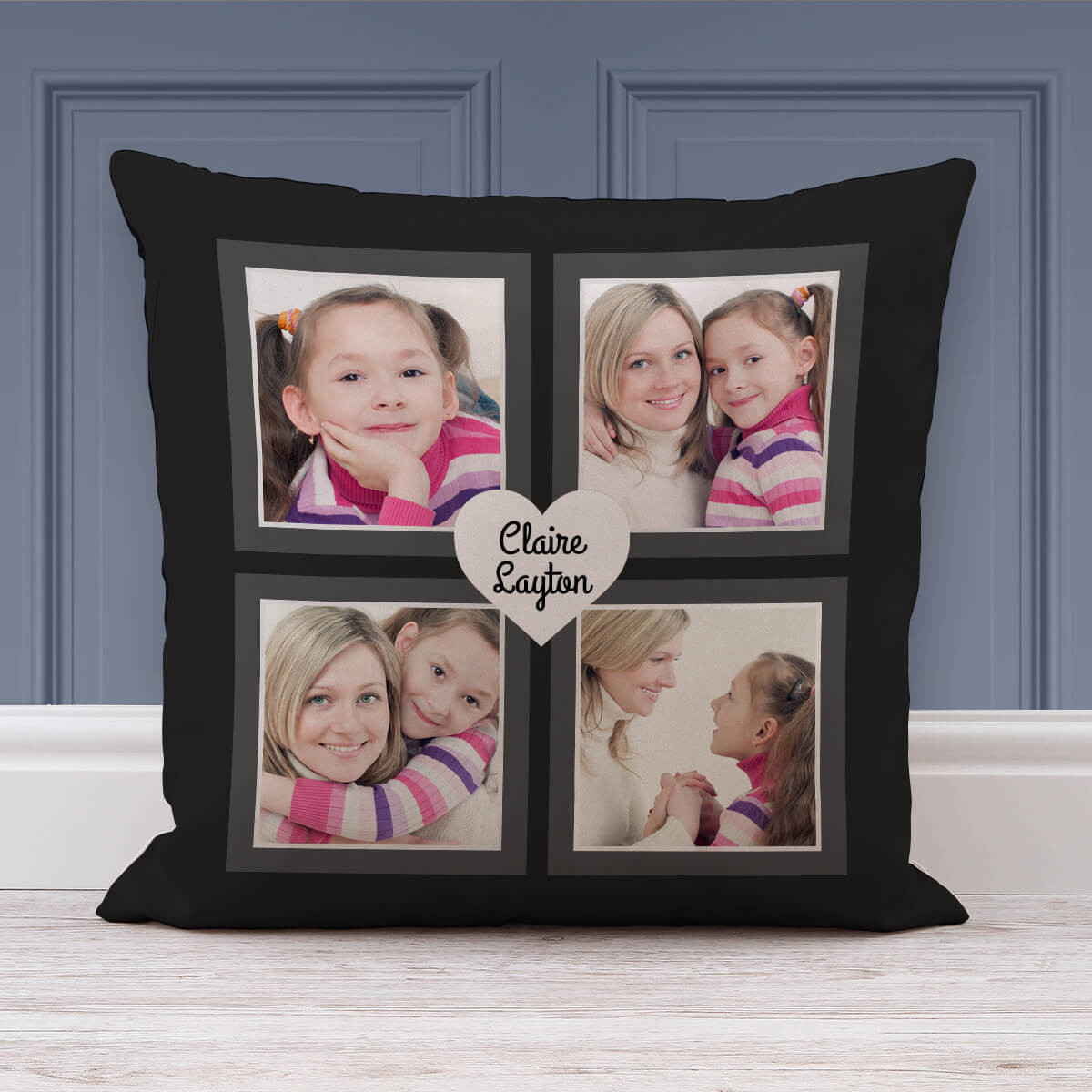 personalised Black Heart Design Collage Cushion 18x18"