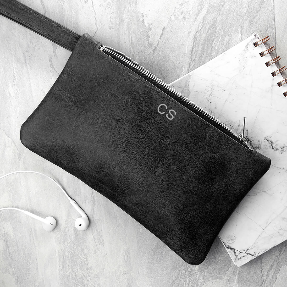 personalised black leather clutch