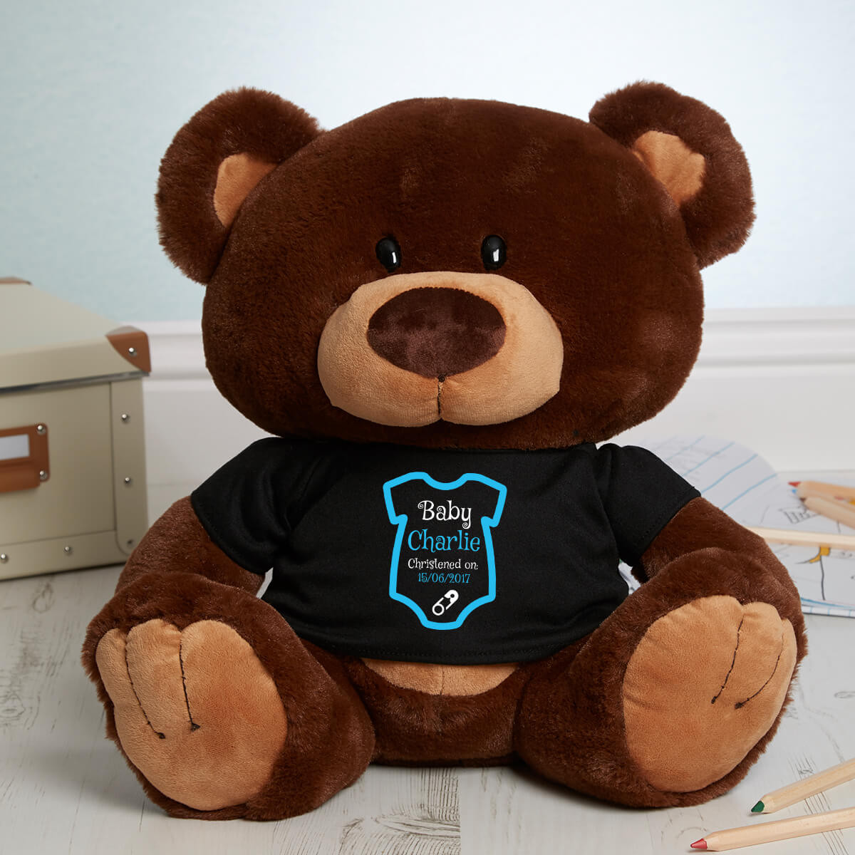 Personalised Blue Babygro Christening Chocolate Teddy Bear