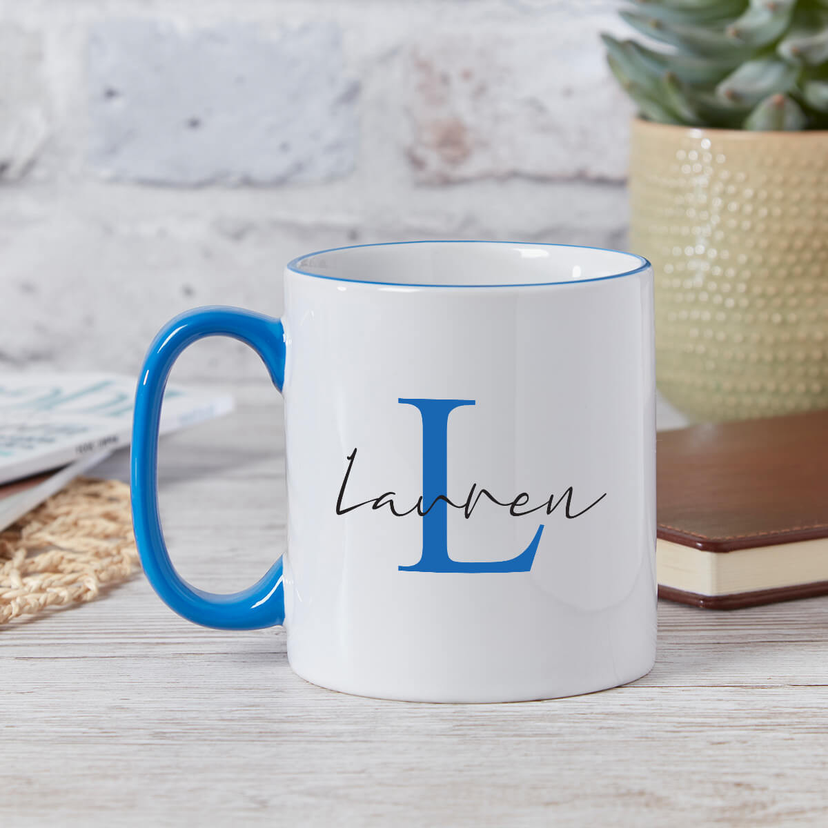 personalised Elegant Name Monogram Two Tone Mug Blue