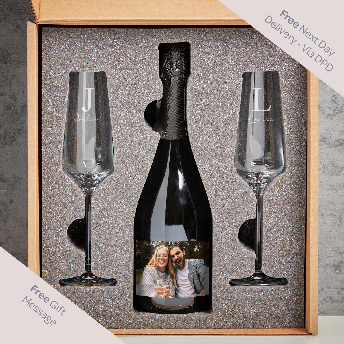 Initial Script Name Photo Upload Boutique Gifts Prosecco Double Glass With Bottle Gift Set 