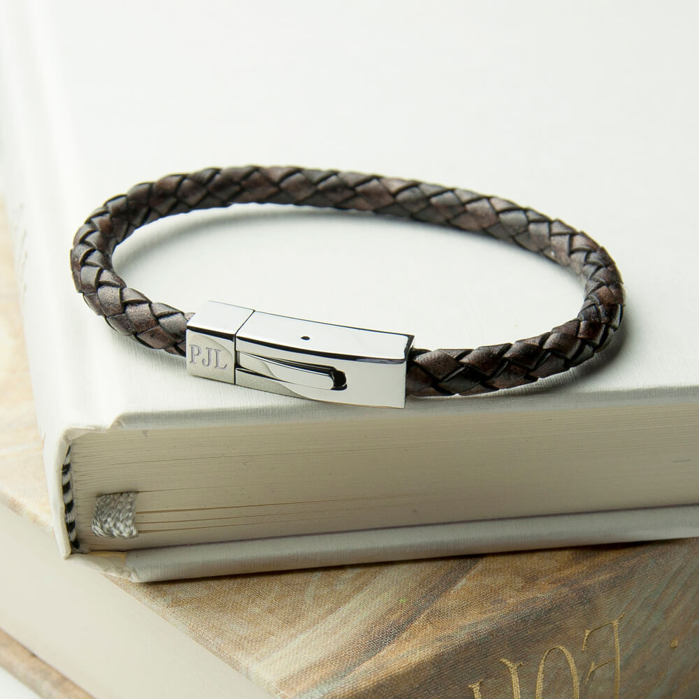 personalised Men's Leather Bracelet with Tube Clasp