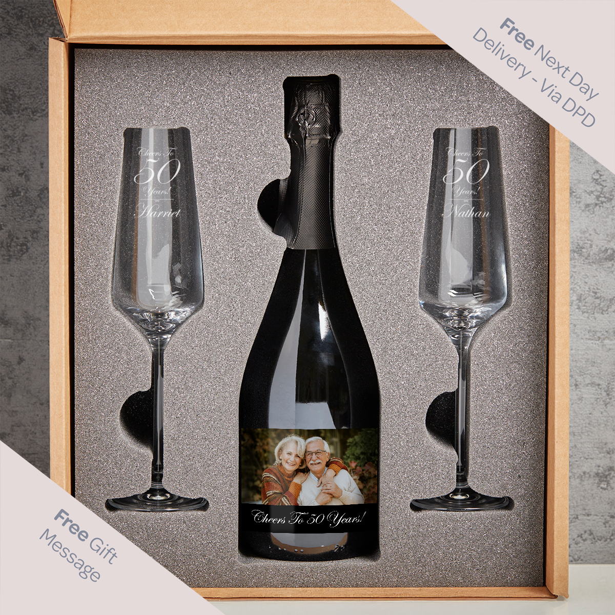 Cheers to 50 Years Anniversary Photo Upload Boutique Gifts Prosecco Double Glass With Bottle Gift Set