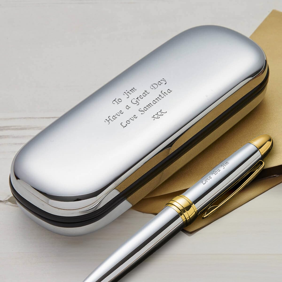 Chrome with Gold Trim Ballpoint Pen & Case