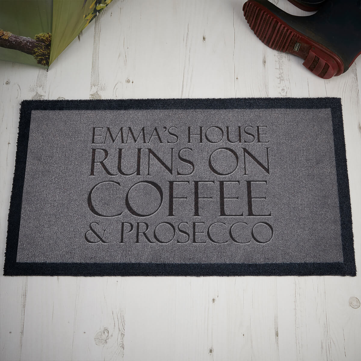 personalised coffee and prosecco doormat