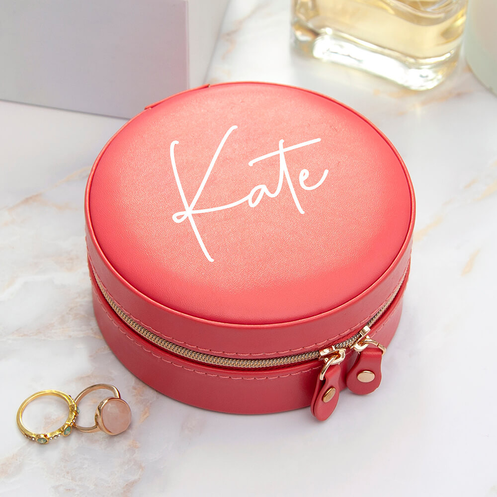 personalised Round Jewellery Case - Coral