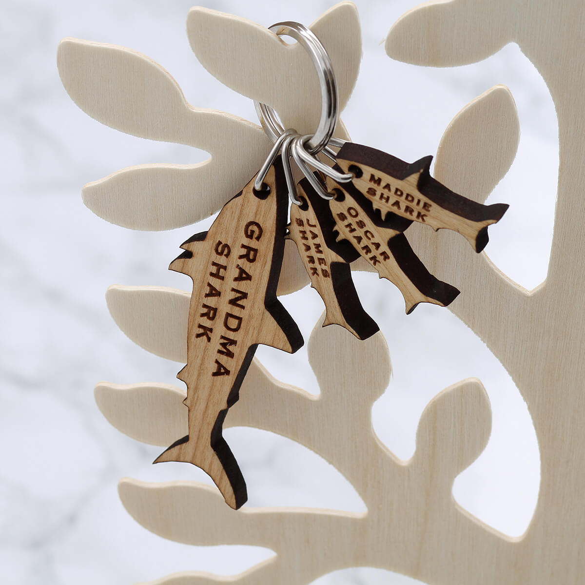 personalised Wood Sharks Keyring