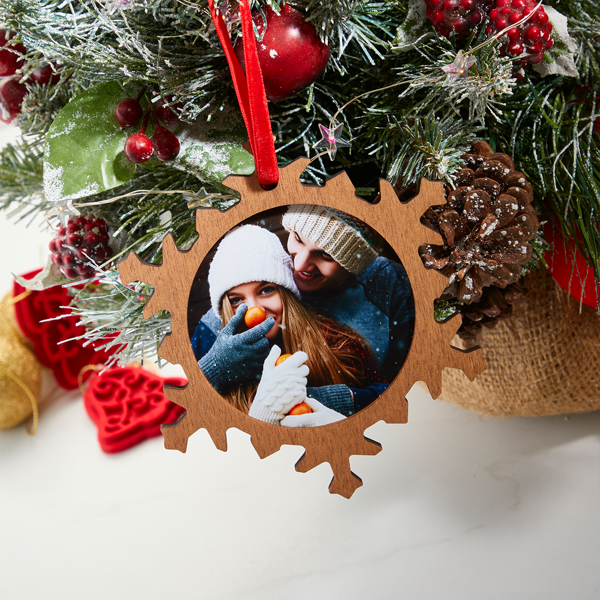 Dark Wooden Snowflake Ornament with Classic Insert 
