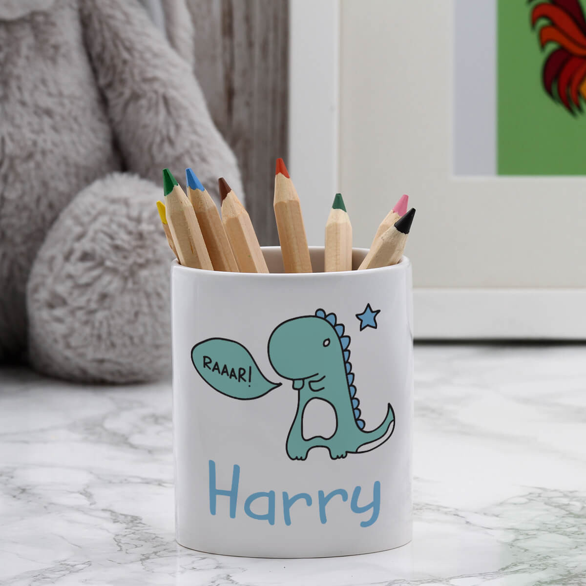 personalised Blue Dinosaur Pen Pot