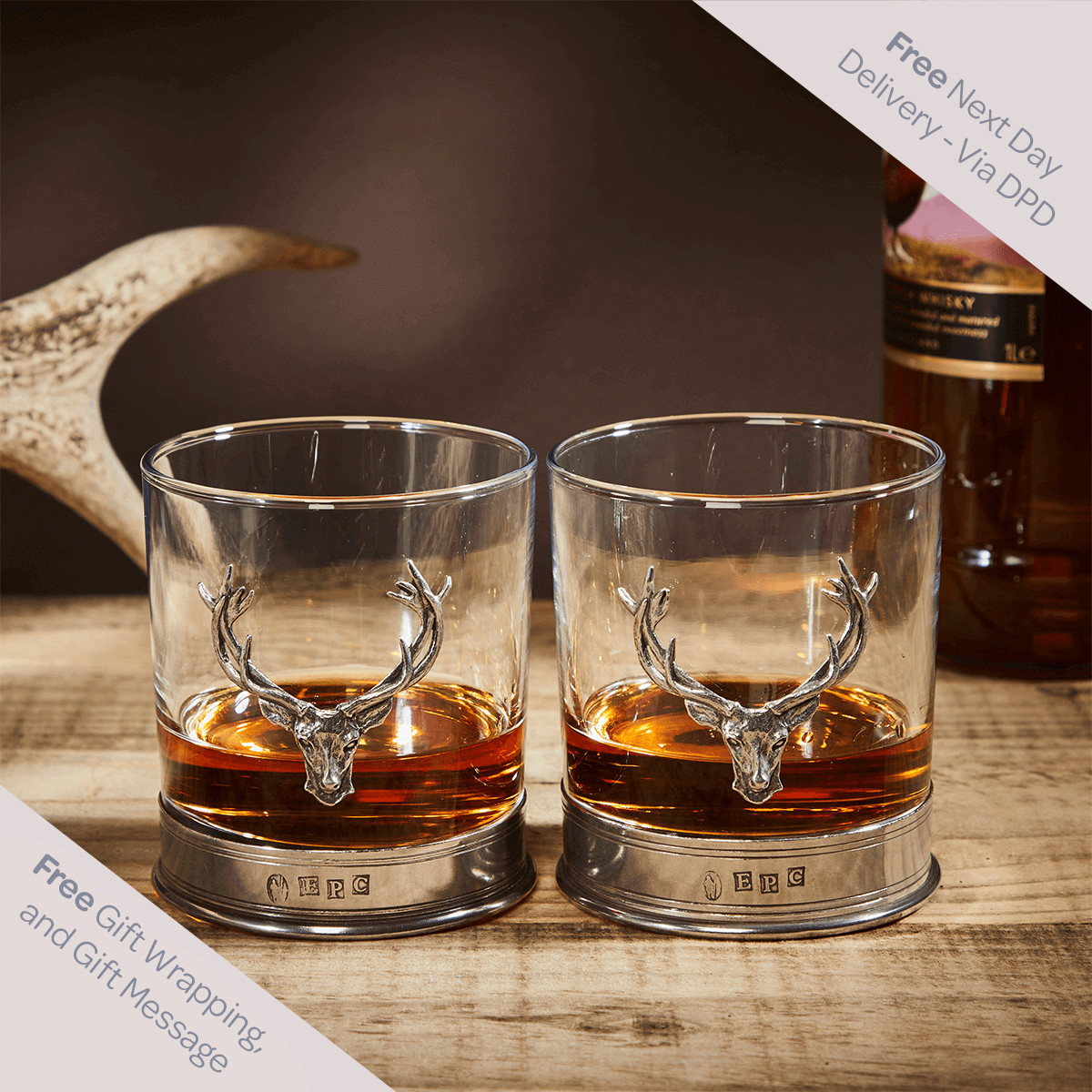 English Pewter Double Stag Head Whisky Glasses Gift Set