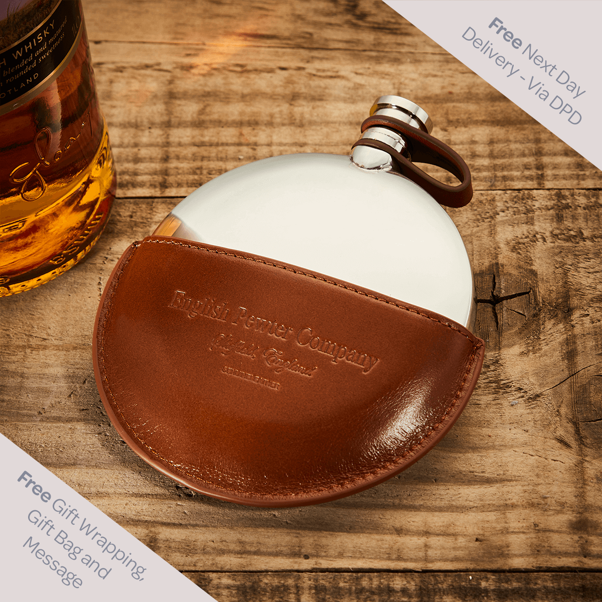 English Pewter 5.5oz Ellipse Hip Flask & Tan Leather Pouch