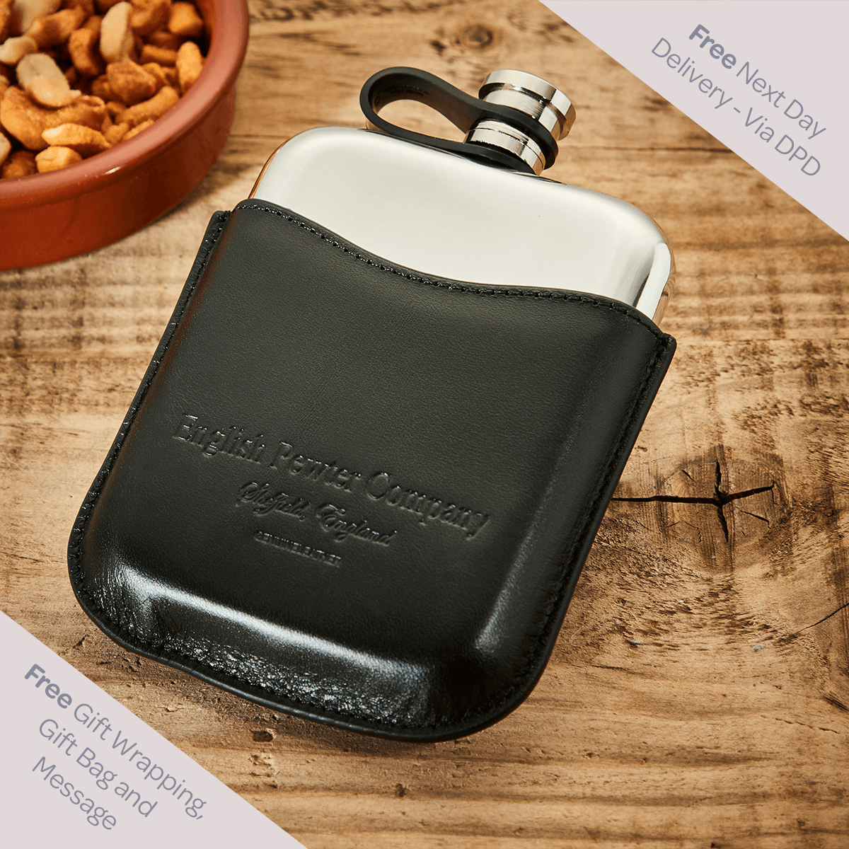 English Pewter 6oz Hip Flask & Black Leather Pouch