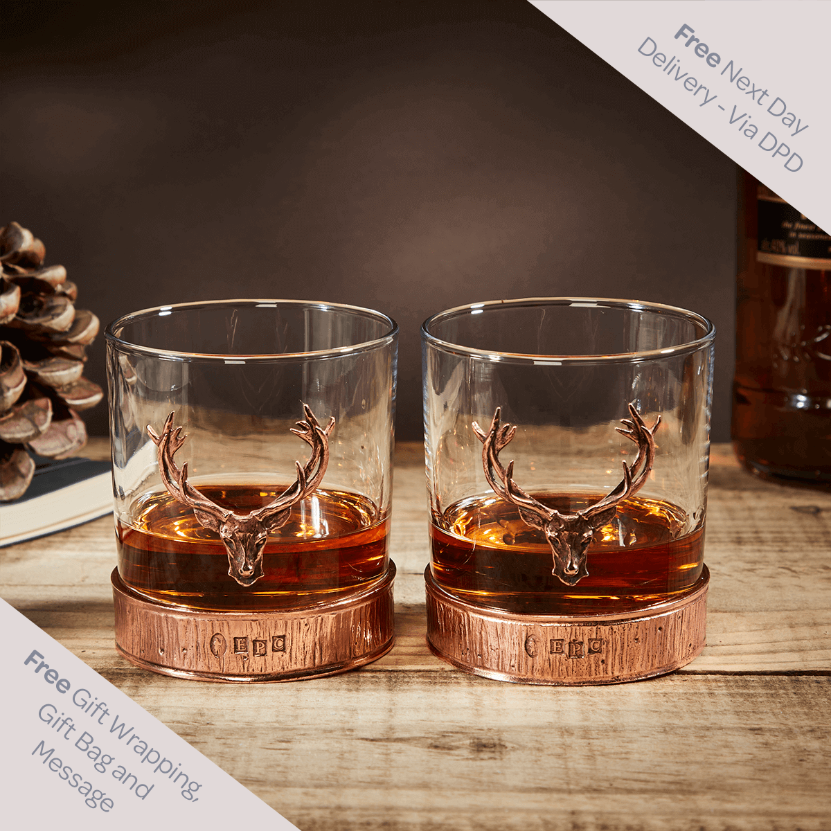 English Pewter Double Majestic Copper Stag Head Whisky Glasses Gift Set