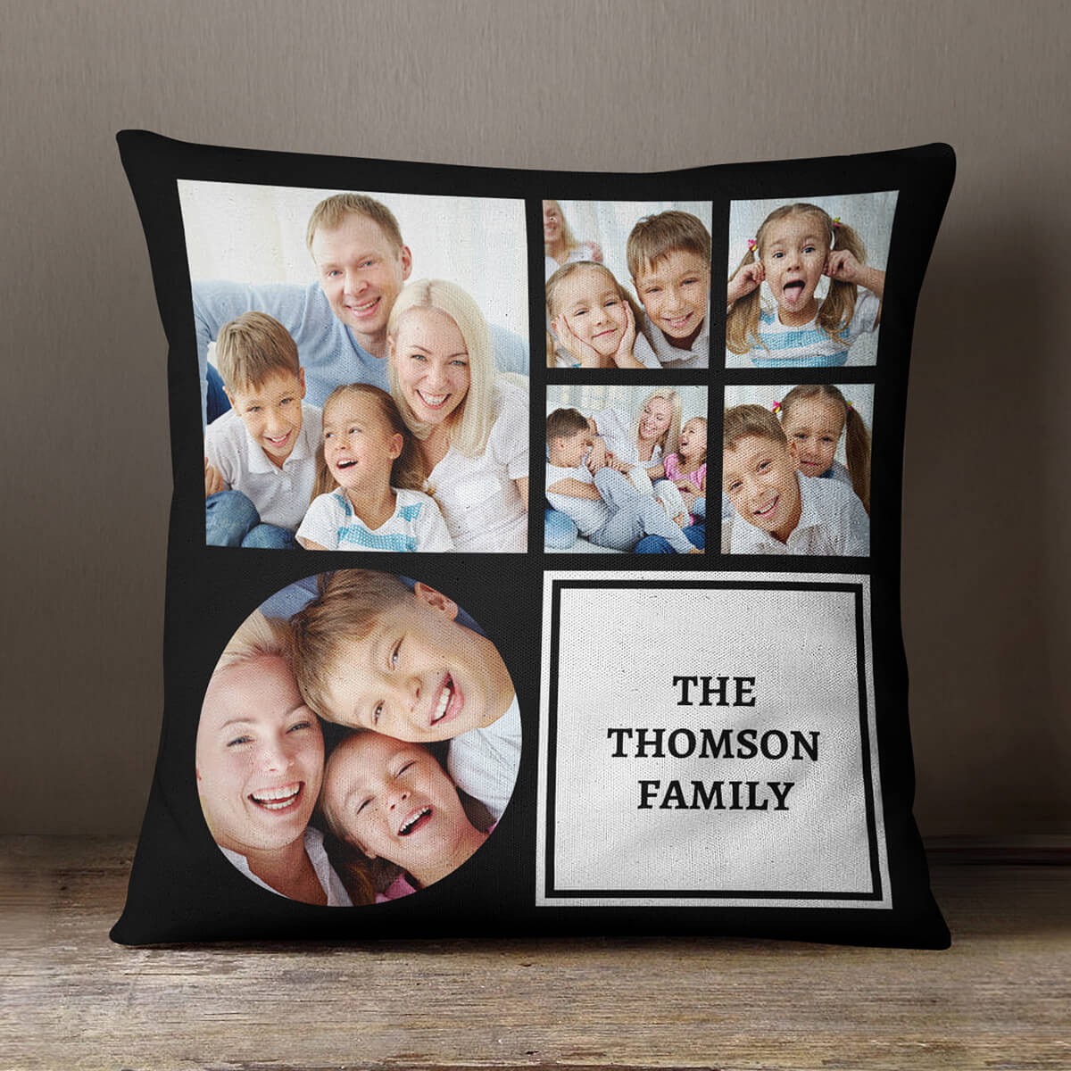 personalised Family Black Collage Cushion 18x18"
