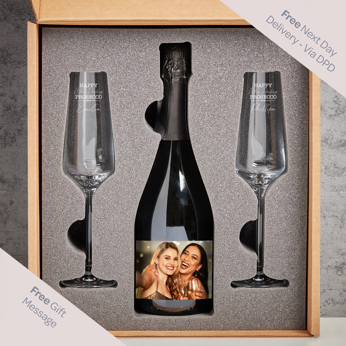Friends Photo Upload Boutique Gifts Prosecco Double Glass With Bottle Gift Set
