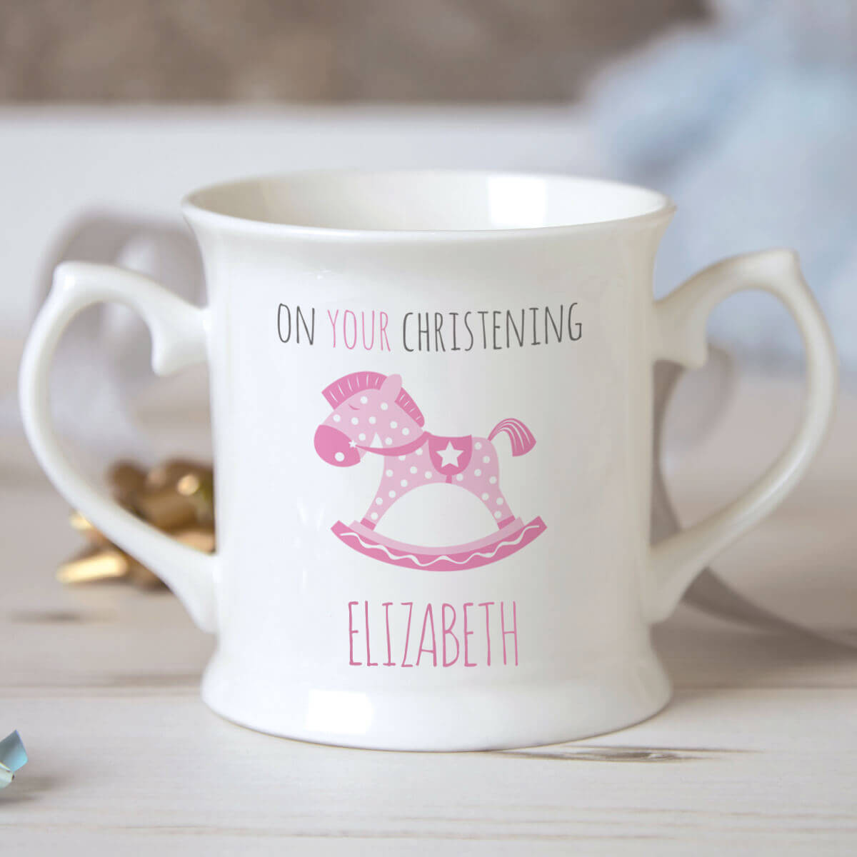 personalised Girl Rocking Horse Christening Mug