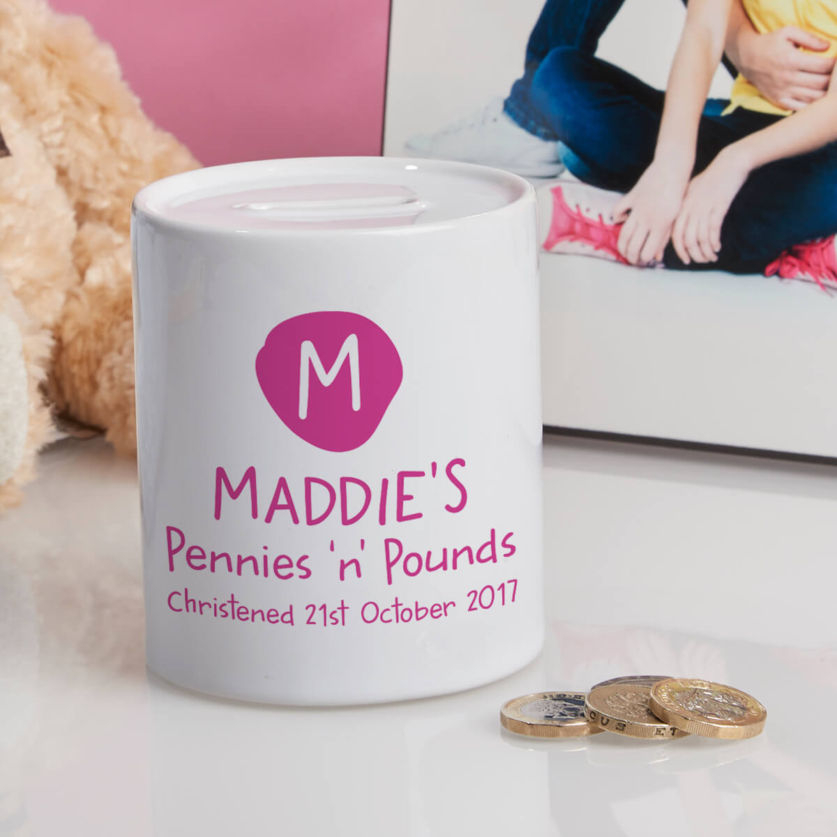 personalised Girl's Pennies & Pounds Personalised Money Box