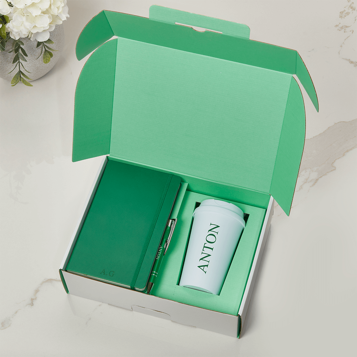 Green Castelli Notebook, Pen & Travel Cup Gift Set