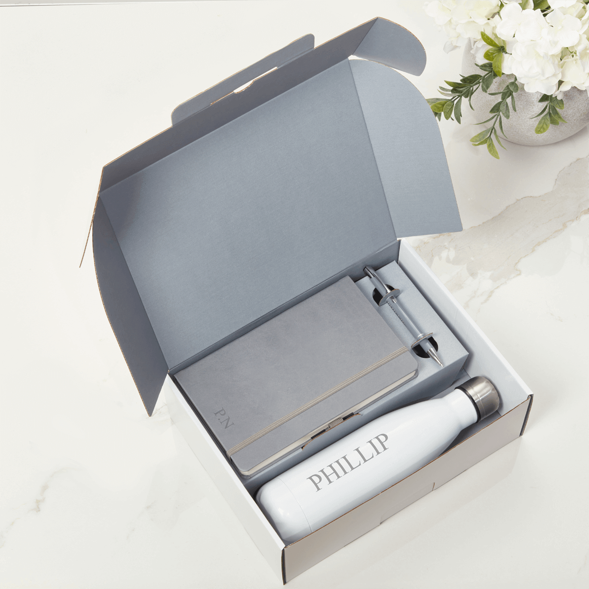 Grey Notebook, Pen & White Water Bottle Gift Set