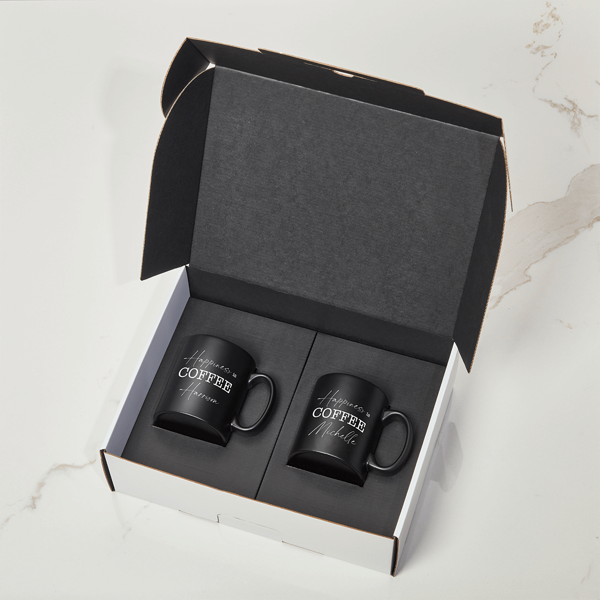 Happiness is Coffee BLACK with Black Satin Mugs