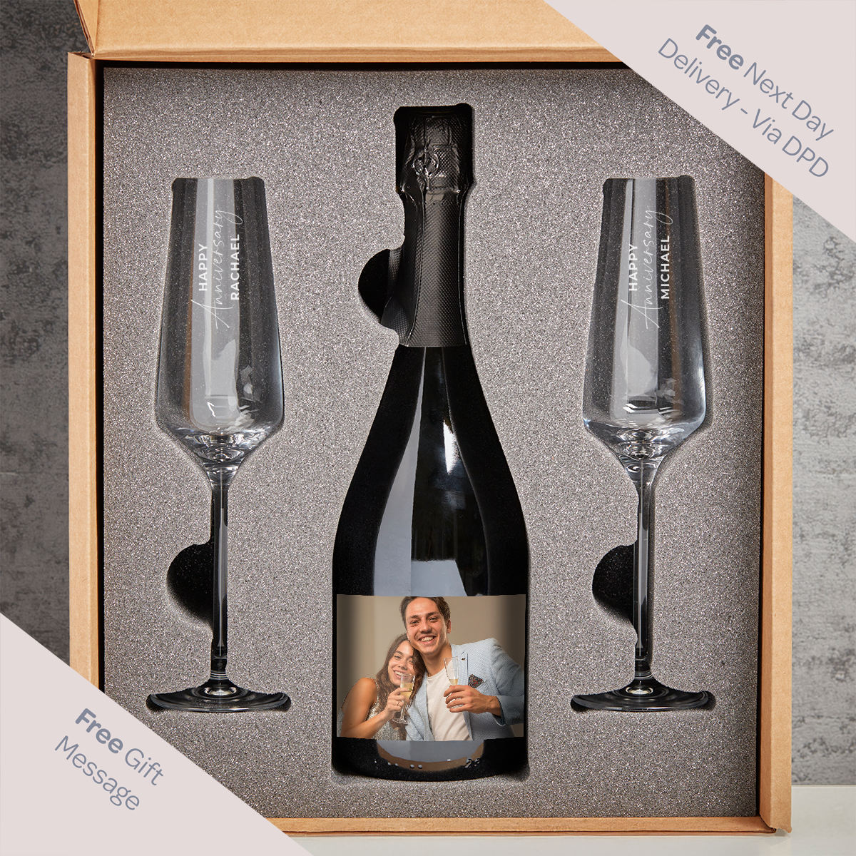 Happy Anniversary Photo Upload Boutique Gifts Prosecco Double Glass With Bottle Gift Set 