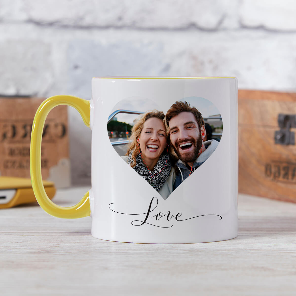 personalised Heart Photo Two Tone Mug Yellow