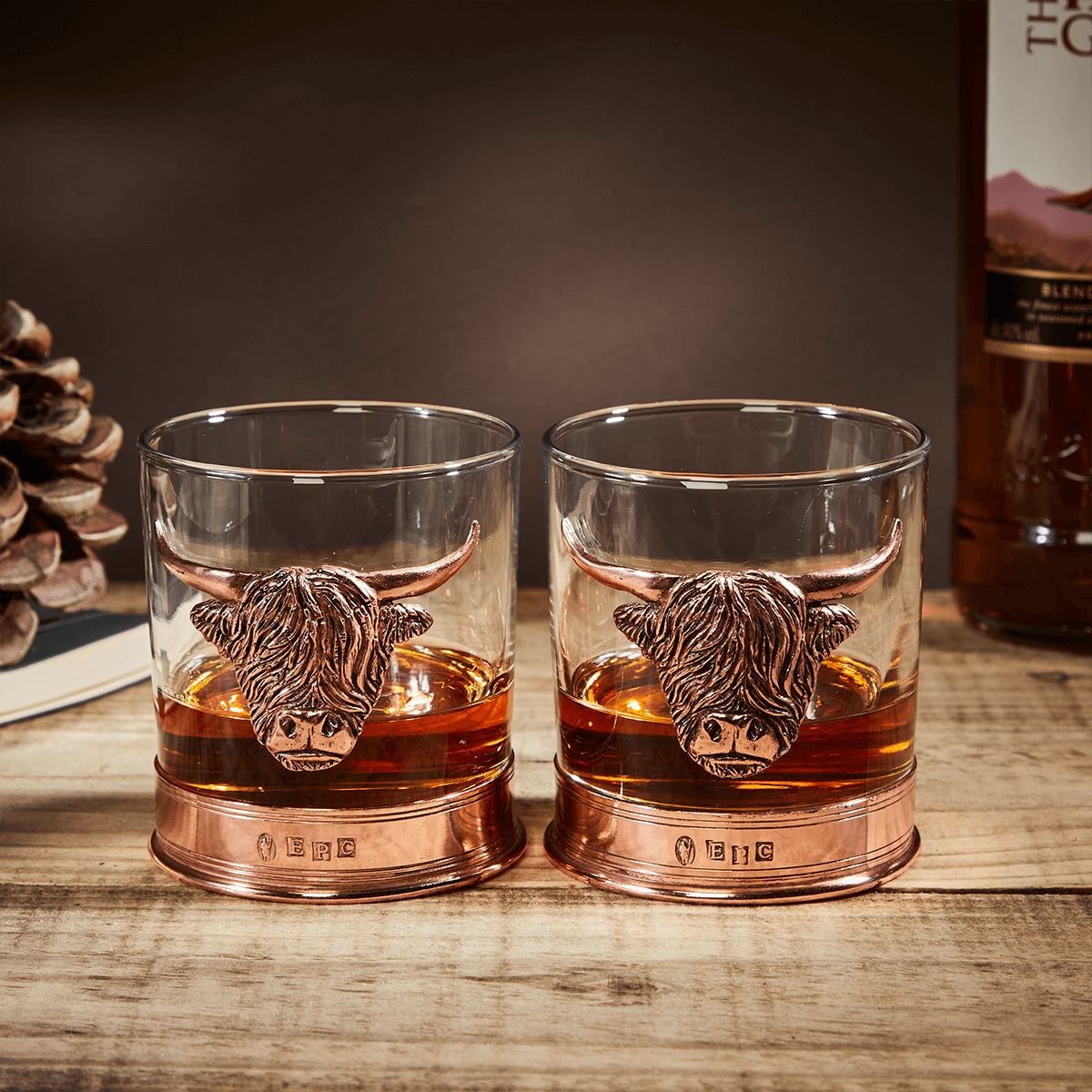 English Pewter Double Copper Highland Cow Whisky Glasses Gift Set