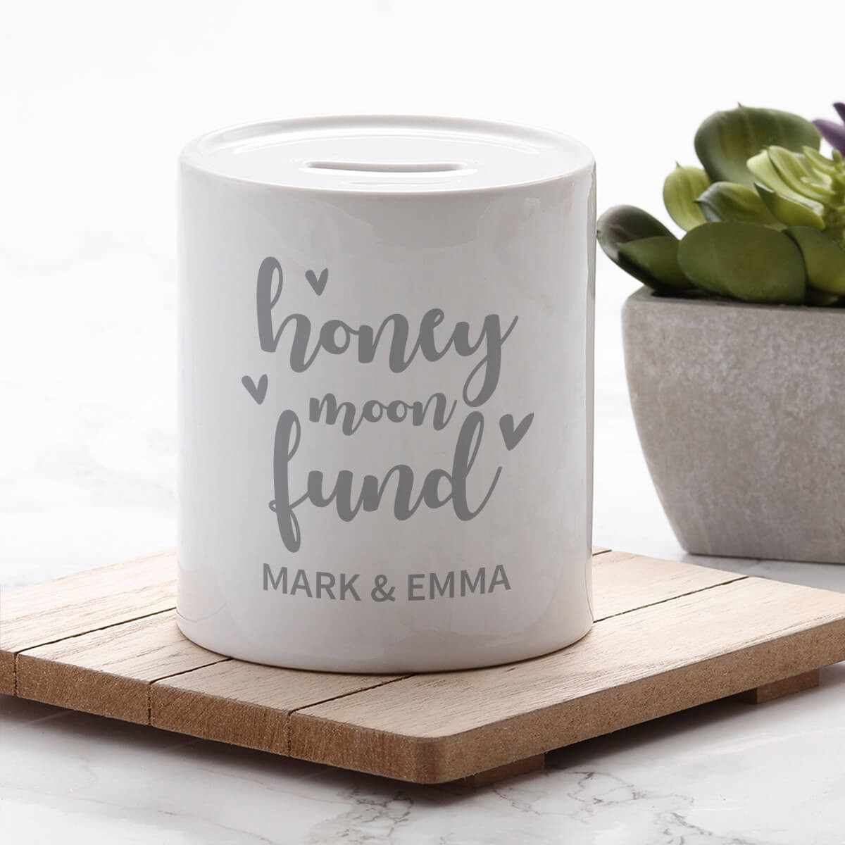 personalised Honeymoon Fund Hearts Personalised Money Box