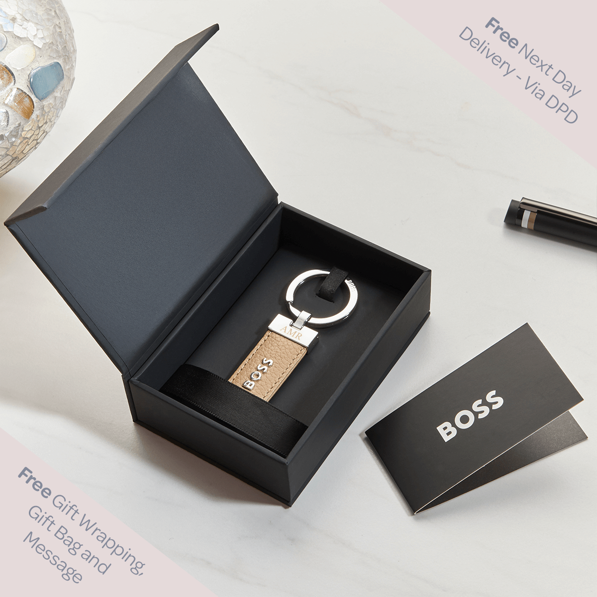 Hugo Boss Classic Camel Grained Key Ring 