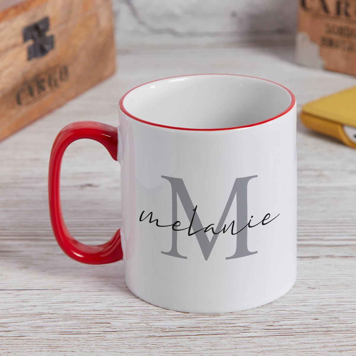 personalised Elegant Name Monogram Two Tone Mug Red