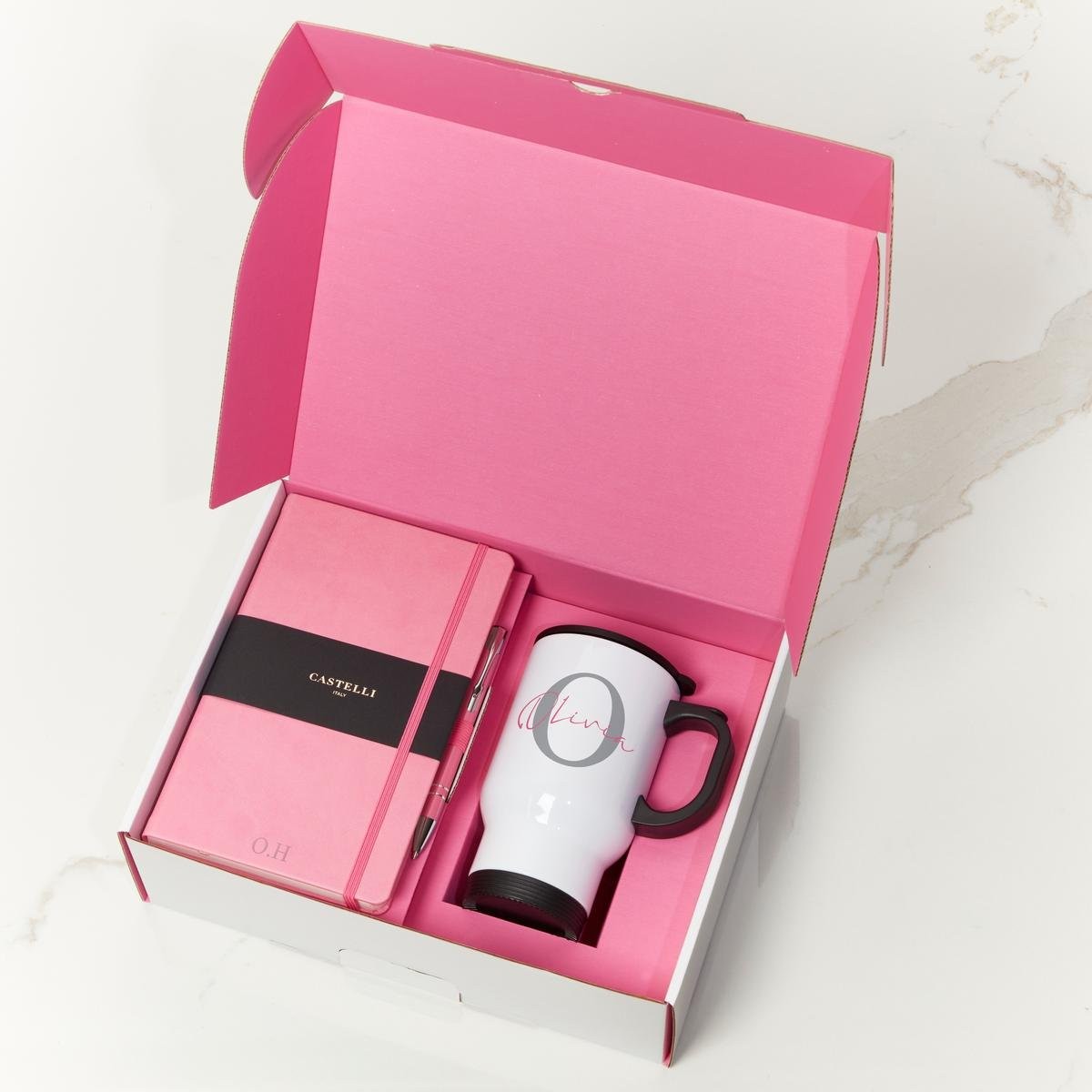 Pink Castelli Notebook, Pen & White Water Bottle Gift Set