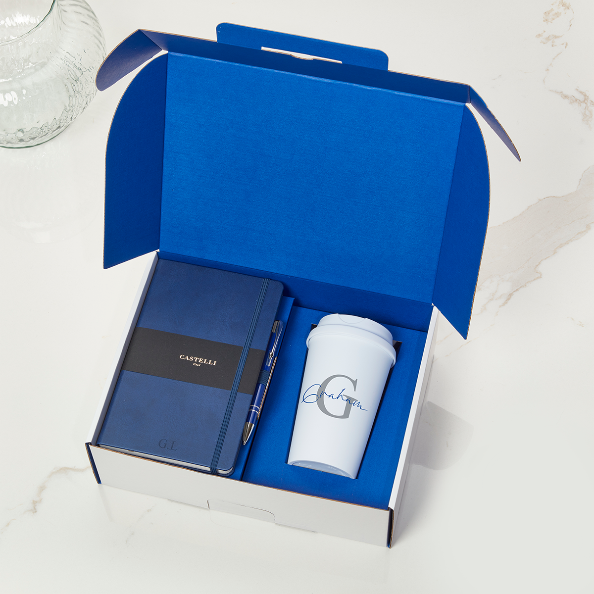 Initial Script name blue inner With Pink Castelli Pink Pen & All White Travel Flask 