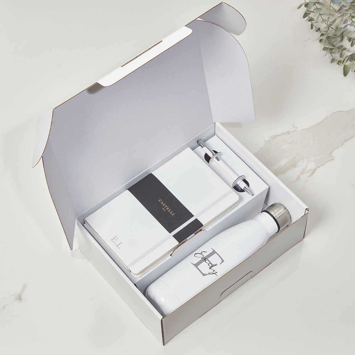 White Castelli Notebook, Pen & White Water Bottle Gift Set