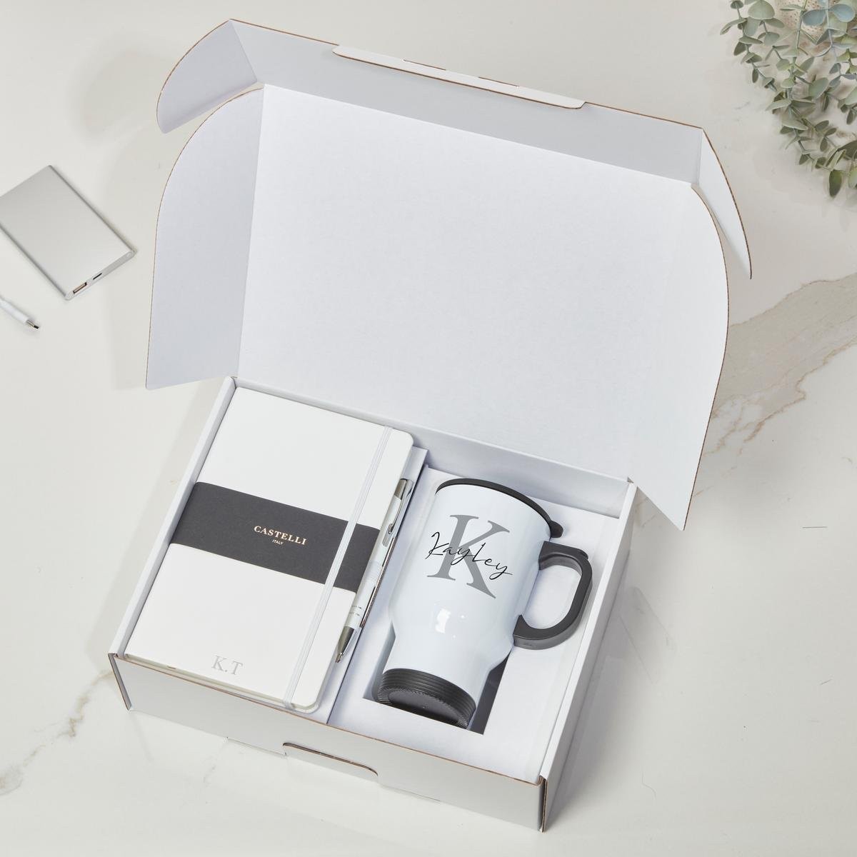 White Castelli Notebook, Pen & White Travel Flask Mug With Black Handle Gift Set 