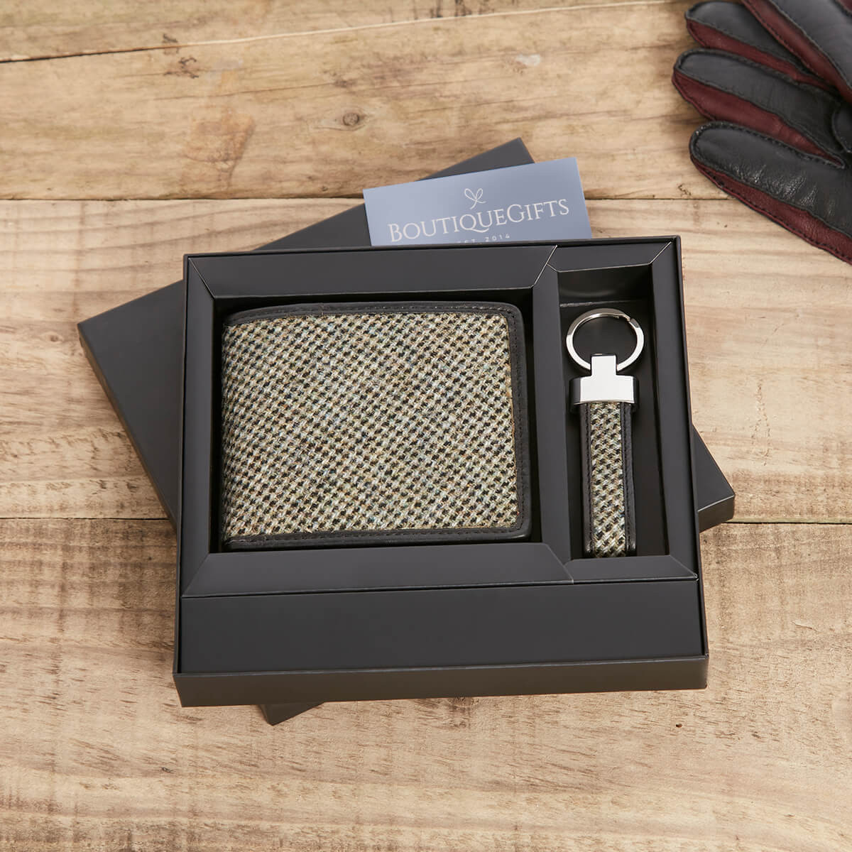 personalised Grey Tweed Wallet and Key Ring Set