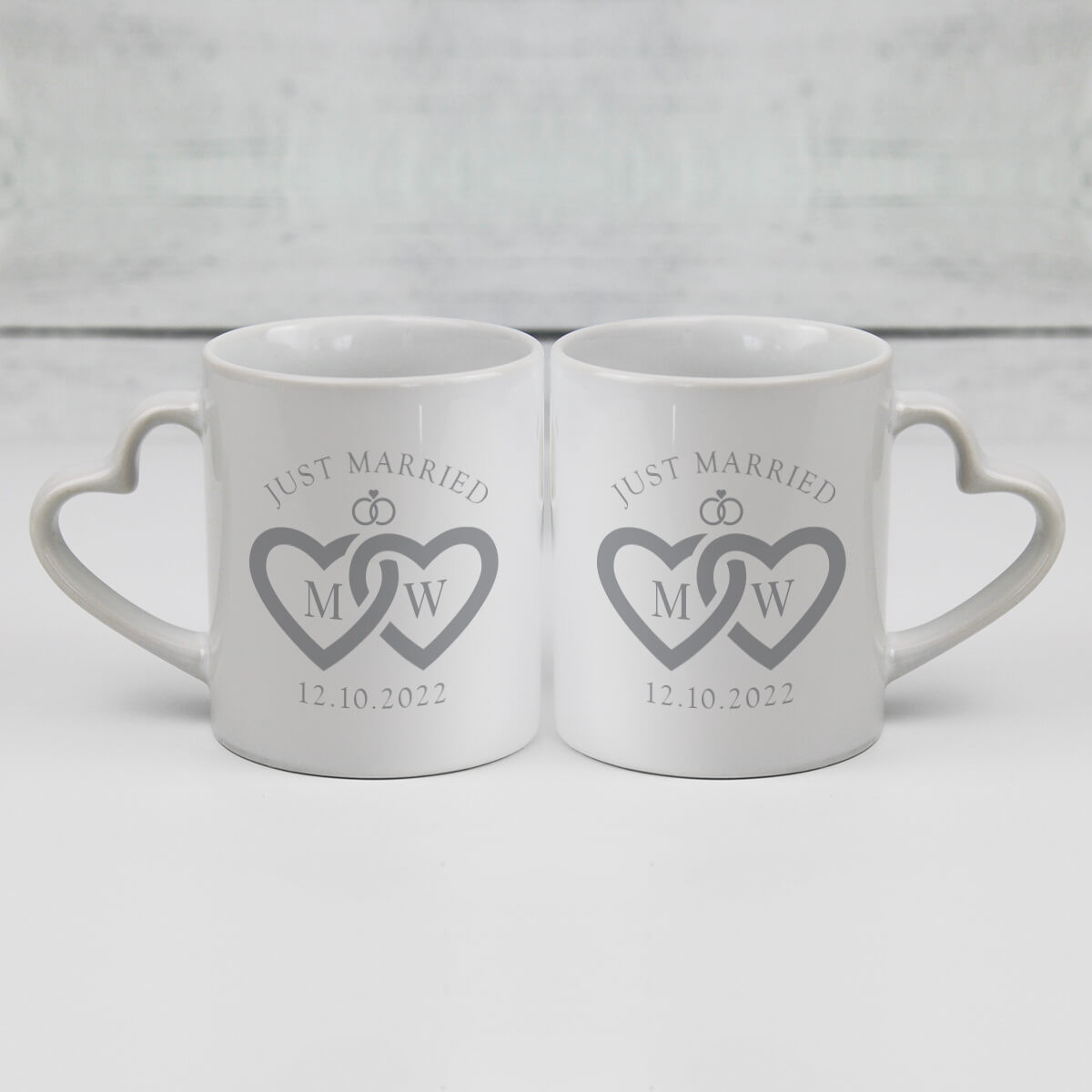 personalised Just Married Double Heart Handle Mugs