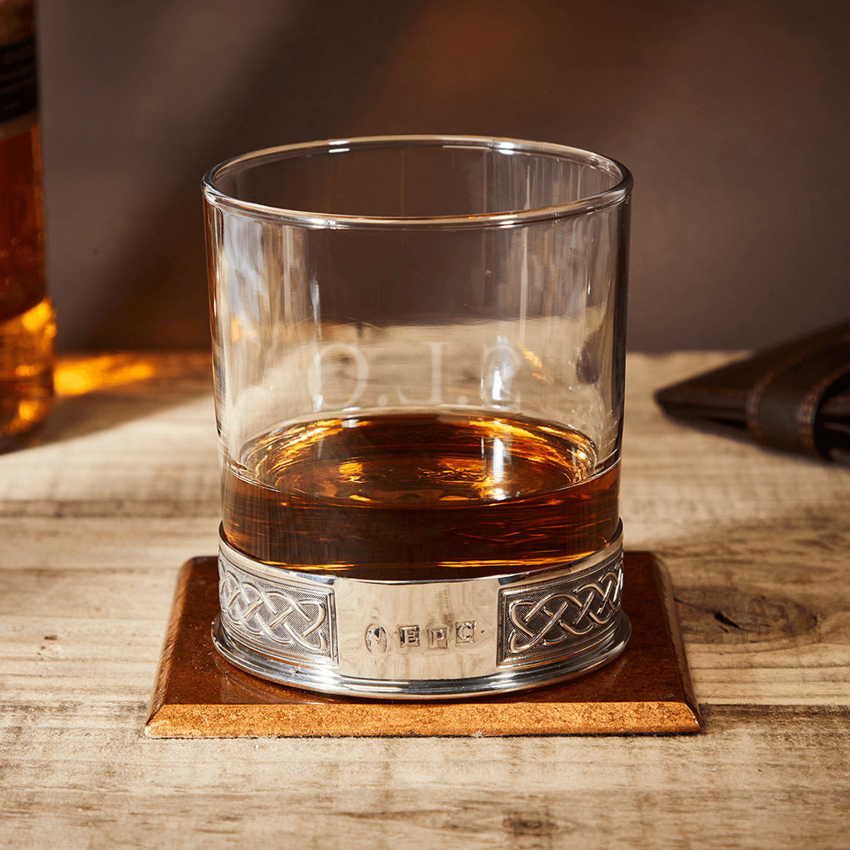 English Pewter Celtic Glass Whisky Tumbler