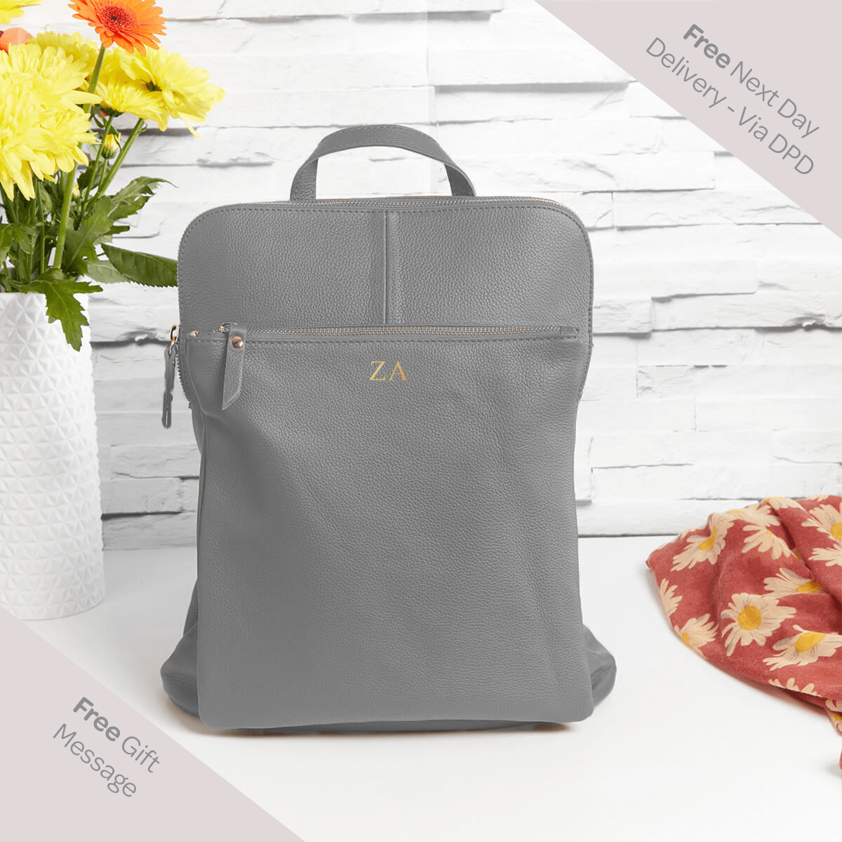 personalised Leather Backpack Shoulder Bag Grey
