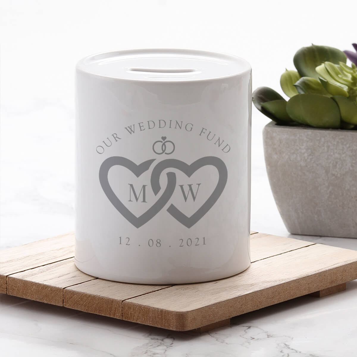 personalised Linked Hearts Wedding Fund Money Box