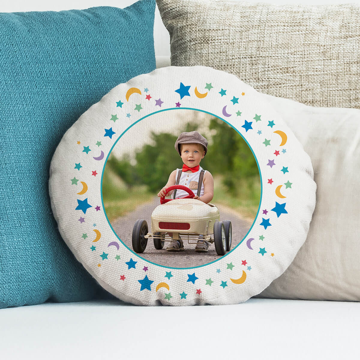 personalised Boys Moon & Stars Round Photo Cushion 18"