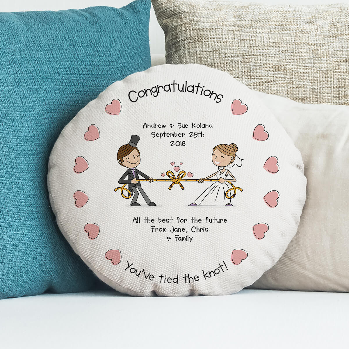 personalised Tied the Knot Round Cushion 18"