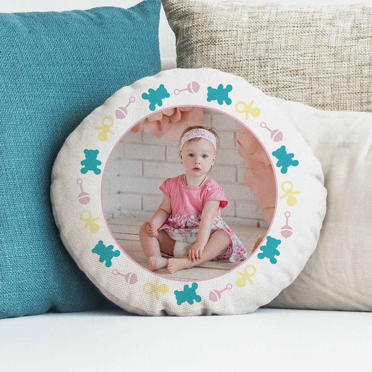 personalised Baby Girl Pink Round Photo Cushion 18"