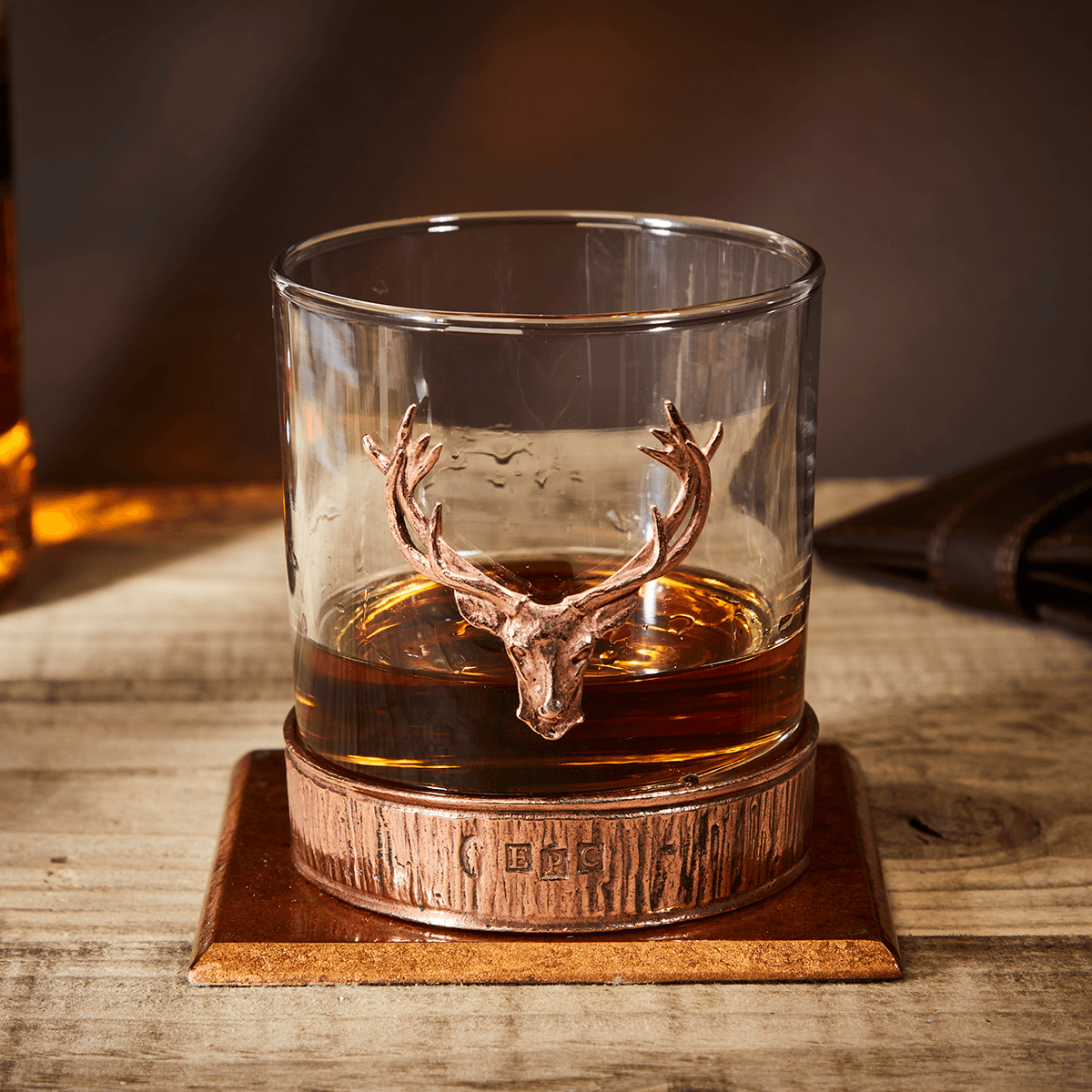 English Pewter Copper Majestic Stag Head Glass Whisky Tumbler